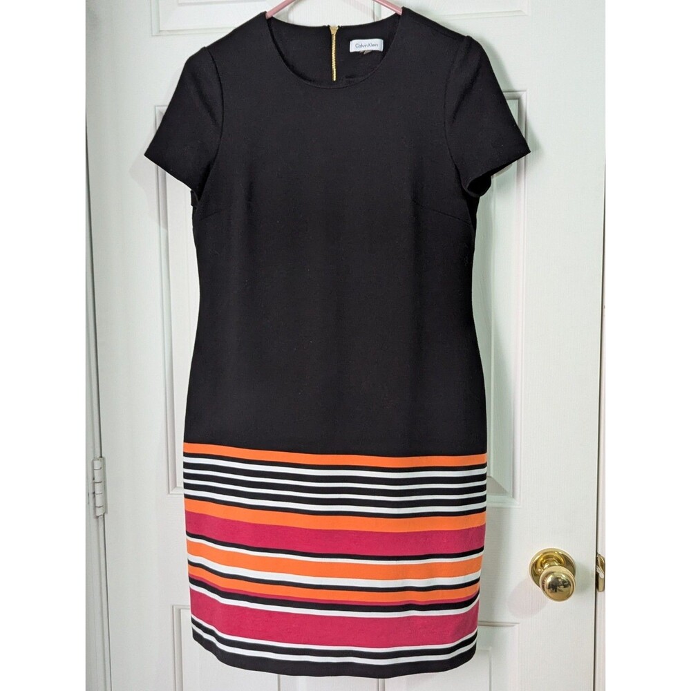 Calvin Klein Stretch Knit Dress Small Black Pink Orange Stripes Zip S/S Business